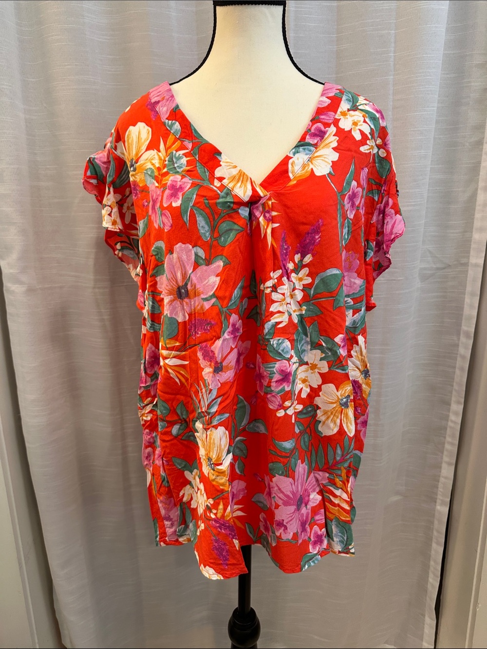 Cynthia Rowley Bright Red Floral V-Neck Tunic Top